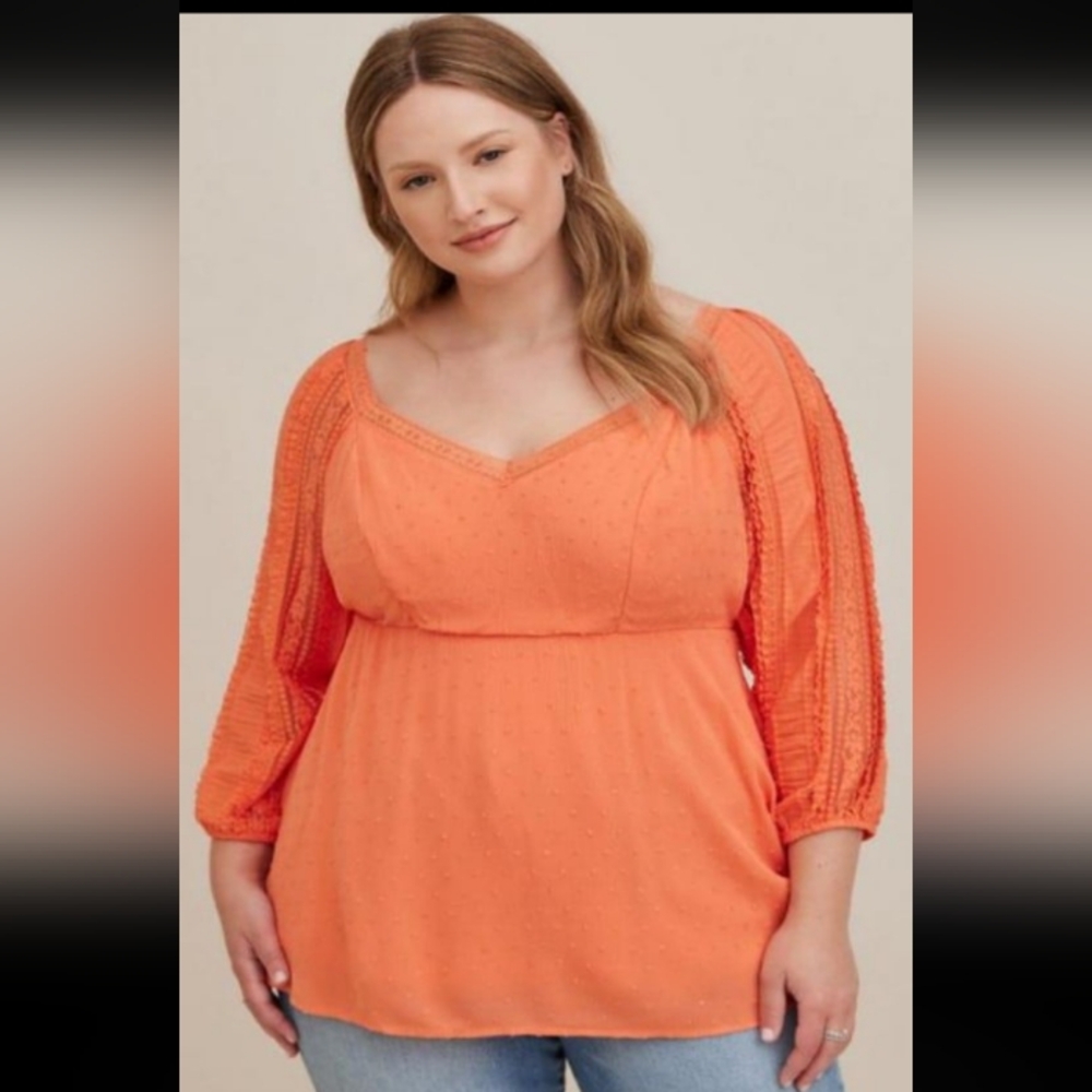 Torrid 2X Peplum Gauze Clip Dot Smocked Tie-Back Top-Coral Size 2X(18/20) EUC